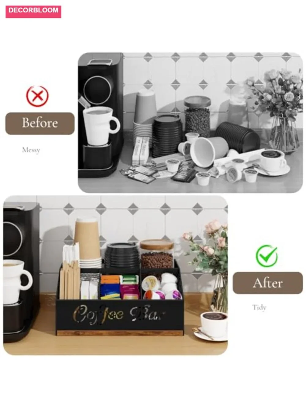 Coffee Station Organizer Countertop Wood & Metal Mesh Storage